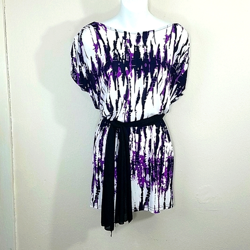 ICU Collection Mini Dress Purple Black White Abstract Print Dolman Sleeve Belted